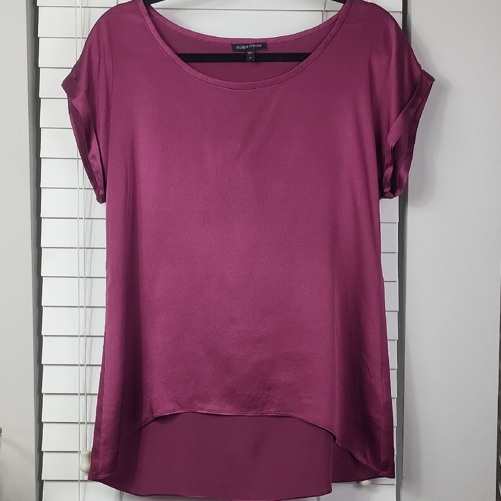 🌸 Elileen Fisher 100% silk Women's Short Sleeve Tee - Berry Plum. Size S